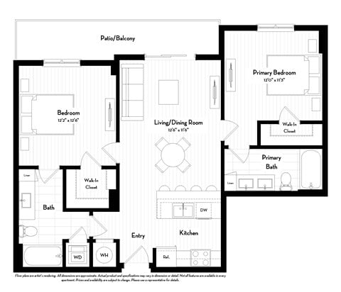 Floor plan for 2 beds, 2 baths, 931 sqft